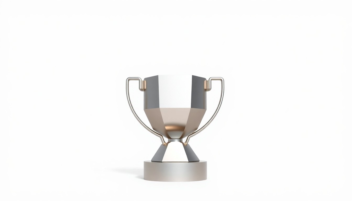 A minimalist, photorealistic studio photograph of a sleek, geometric metal trophy or award object floating on a clean white background, symbolizing the innovation and excellence of Quota Crushers Agency's sales recruitment services.