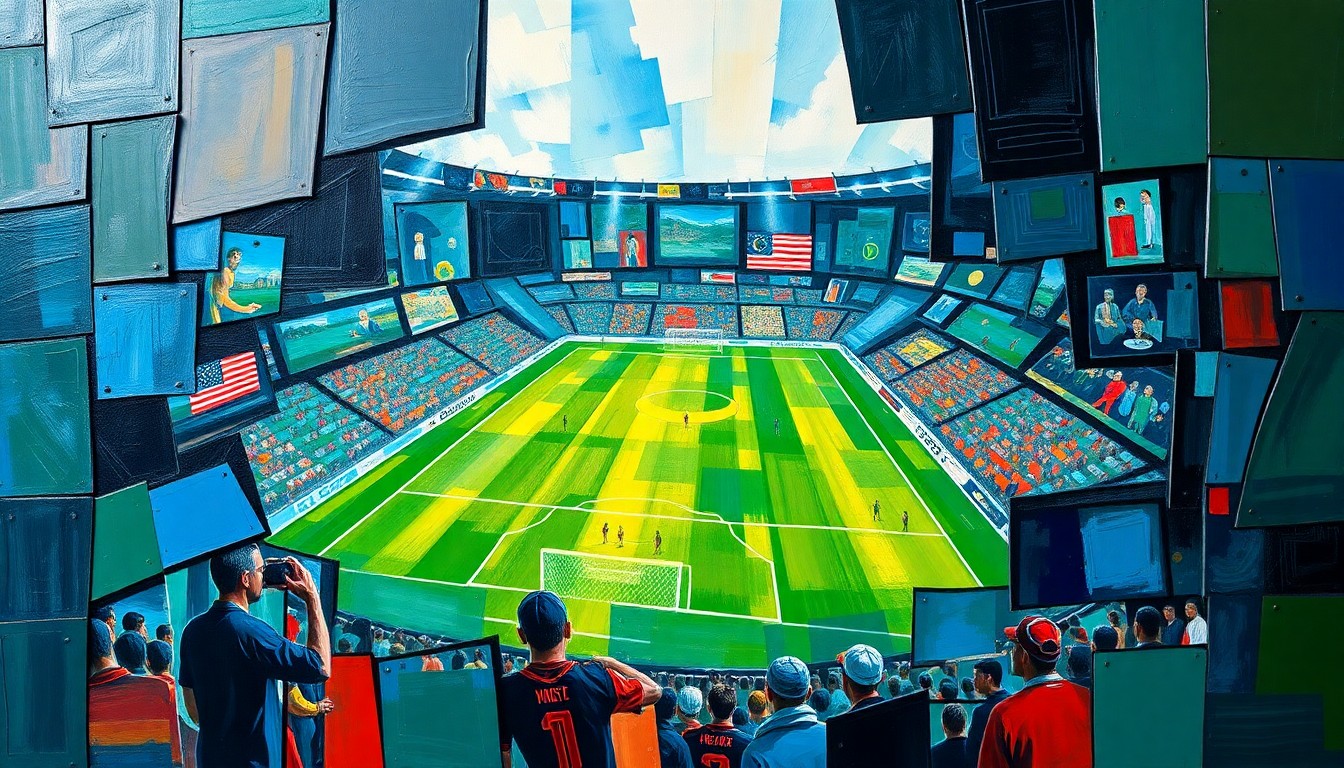 A cubist-style painting featuring fragmented, geometric shapes in shades of blue, green, and red, conceptually representing the complex financial and logistical challenges of hosting World Cup matches.