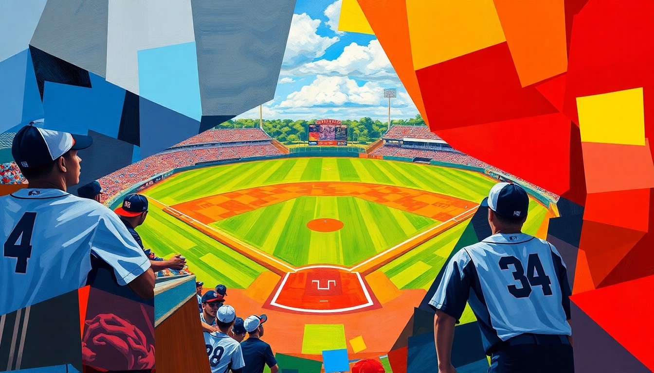 A fractured, multi-perspective painting in bold, clashing colors that breaks down a high school baseball game into sharp, overlapping geometric shapes, conveying the competitive energy of the rivalry between the two teams.