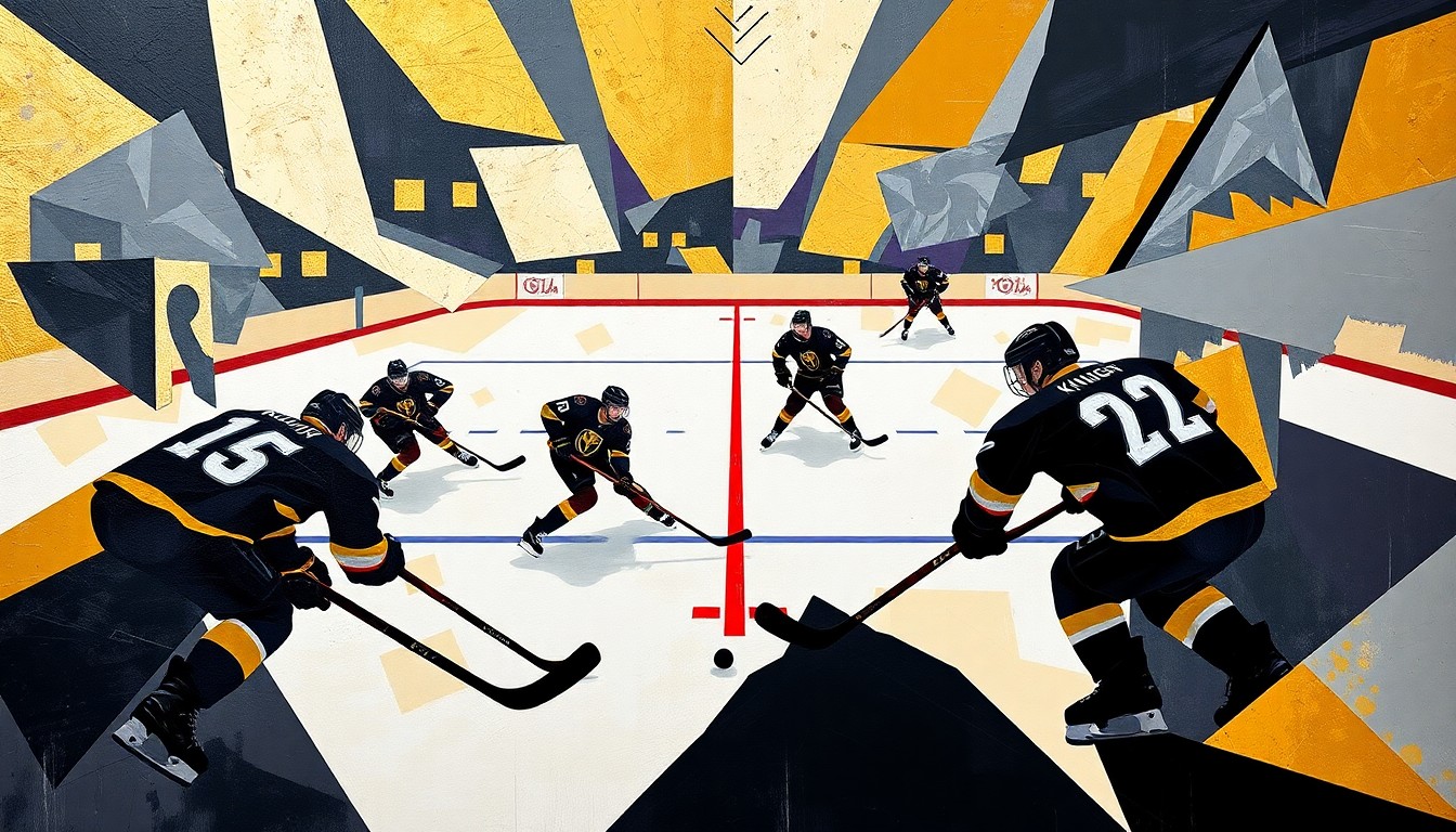 A cubist, geometric painting depicting the abstract shapes and movements of a hockey game, with the players and puck represented as angular, overlapping forms in the team colors of the Vegas Golden Knights and Utah Mammoth.