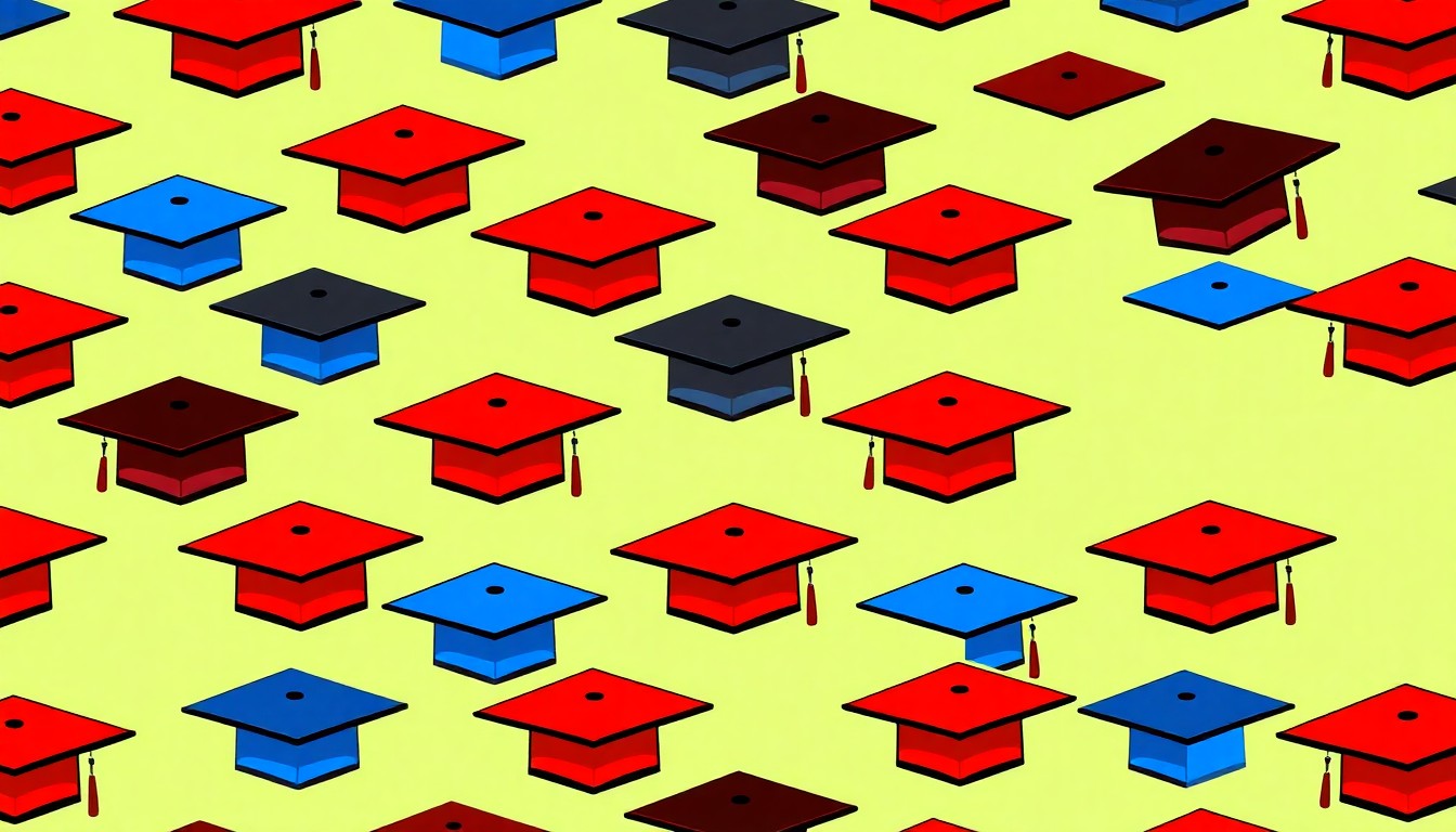 A bold, colorful grid of stylized graduation cap icons, conceptually representing the academic achievements of scholarship recipients.