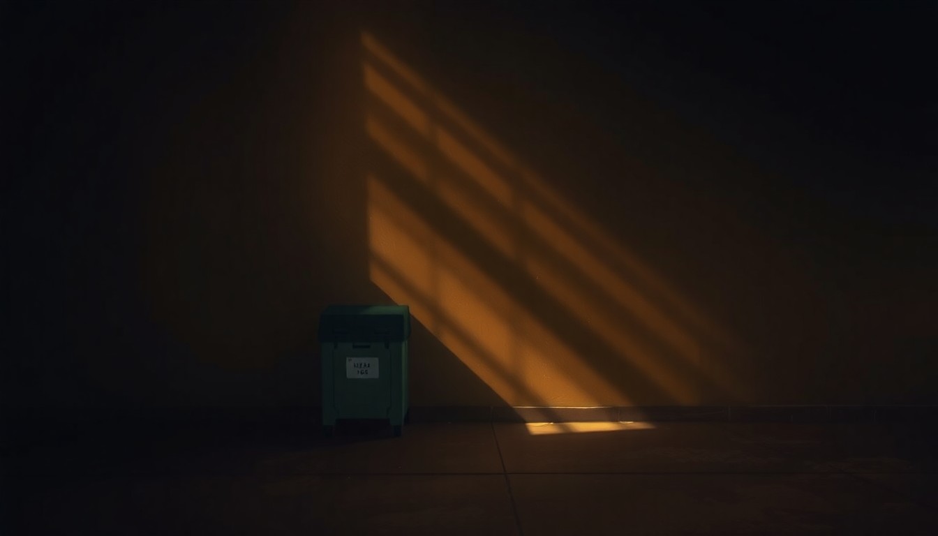 A cinematic painting of an empty courtroom or immigration office, with warm sunlight streaming through the windows and deep shadows casting a somber mood, conceptually representing the high-stakes legal battle to prevent a student's deportation.