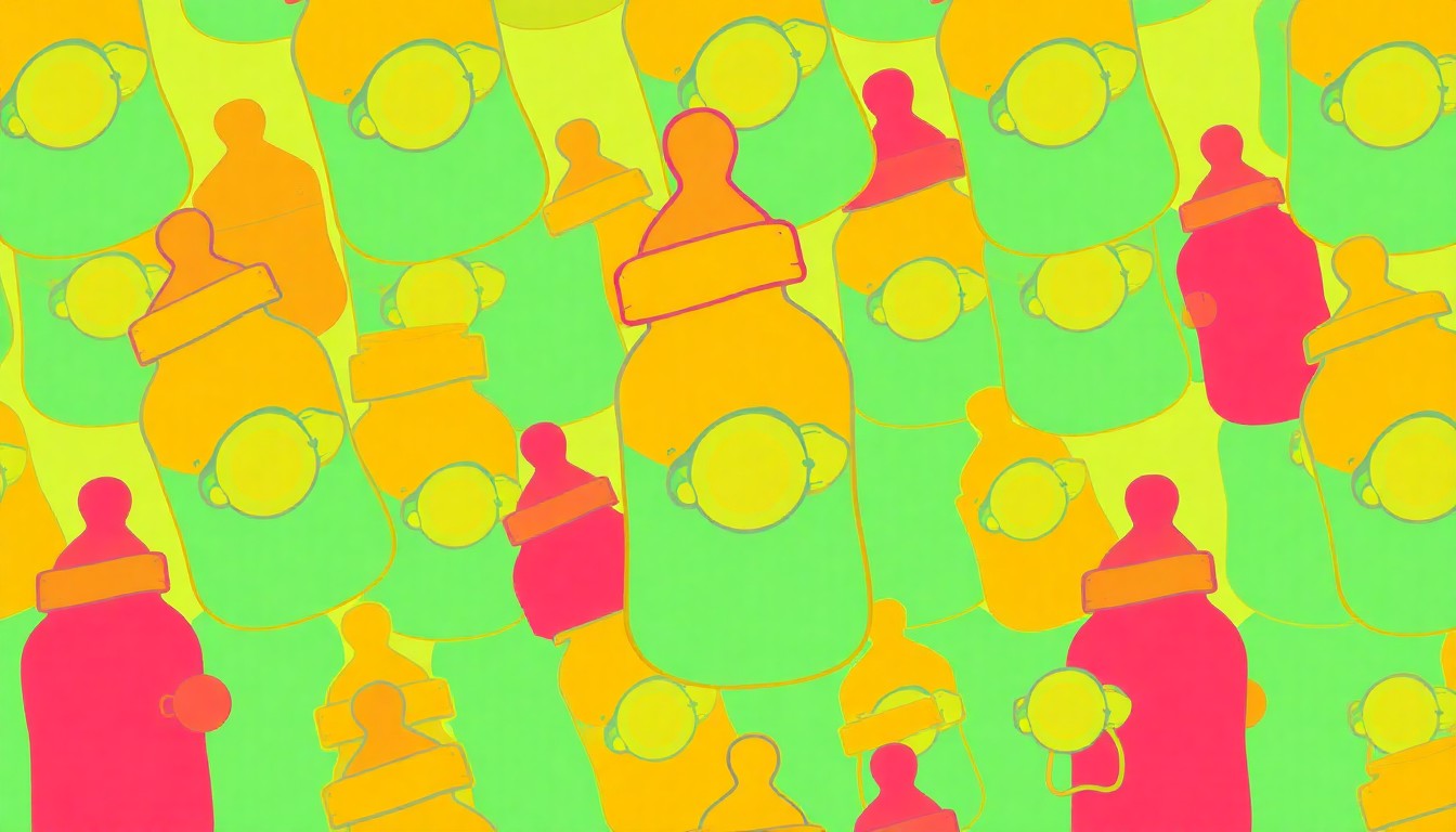 A brightly colored, high-contrast silkscreen print of a baby bottle or pacifier repeated in a tight grid pattern, utilizing flat, vibrant, and unnatural neon color palettes overlapping with heavy black photographic outlines to turn an everyday parenting object into modern pop art, conceptually representing the global birth rate crisis.