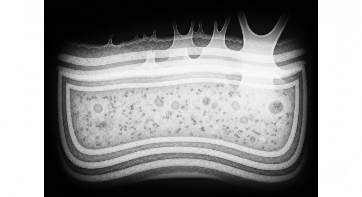 A highly detailed, translucent X-ray-style photograph showing the intricate cellular structures and layers of human skin, conveying the scientific insights gained from the tape strip RNA sequencing analysis of orphan ichthyosis subtypes.