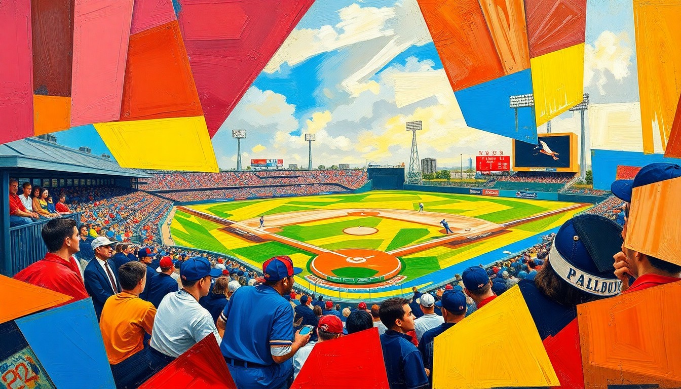 A fragmented, geometric painting in bold colors depicting various perspectives and moments from a high school baseball game, conveying the intensity and excitement of the matchup.