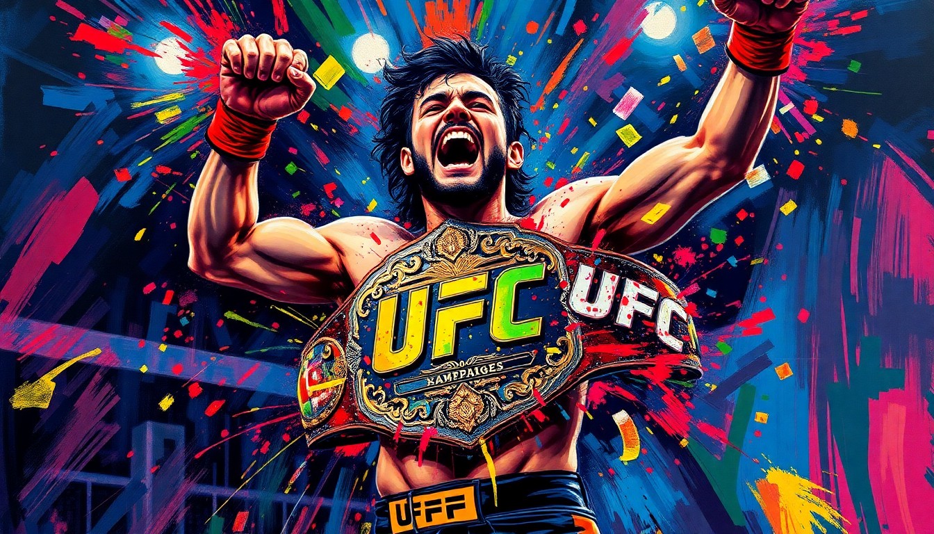An abstract, energetic painting in neon colors depicting the frenetic movement and emotion of a UFC fighter, with the championship belt itself dissolving into unrecognizable brushstrokes.