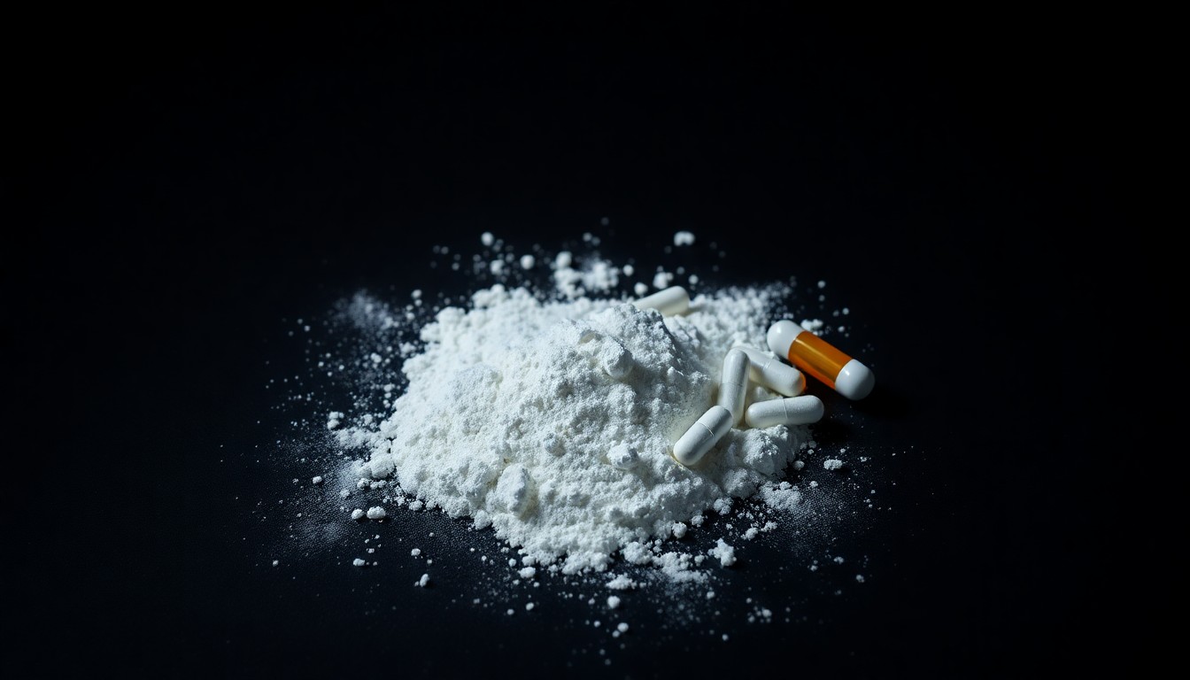 An extreme close-up of a small pile of white powder and several prescription pills on a dark surface, dramatically lit by a harsh camera flash to create a stark, gritty aesthetic.