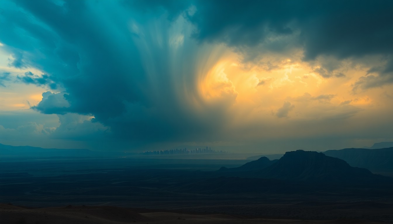 A sweeping, atmospheric landscape painting in muted tones of gray, blue, and gold, depicting a vast desert scene with the distant skyline of Las Vegas barely visible through the haze of a approaching cold front.