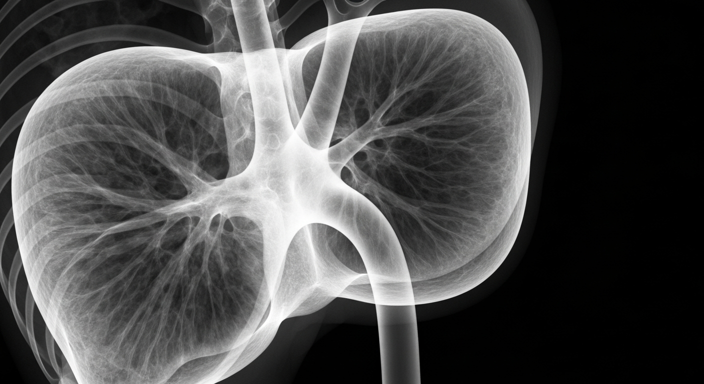 An extreme close-up, translucent X-ray image revealing the internal structures of a diseased liver, with signs of inflammation, damage, and fibrosis, conceptually illustrating the severe impact of gut microbiome dysfunction on infection outcomes for patients with fatty liver disease.