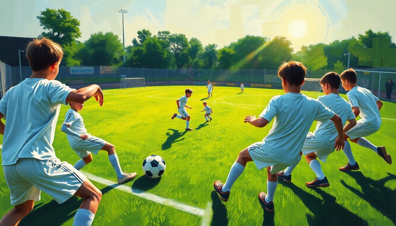 A fragmented, geometric painting depicting the dynamic movements and perspectives of a soccer game, with sharp planes of green, white, and a glowing ball.