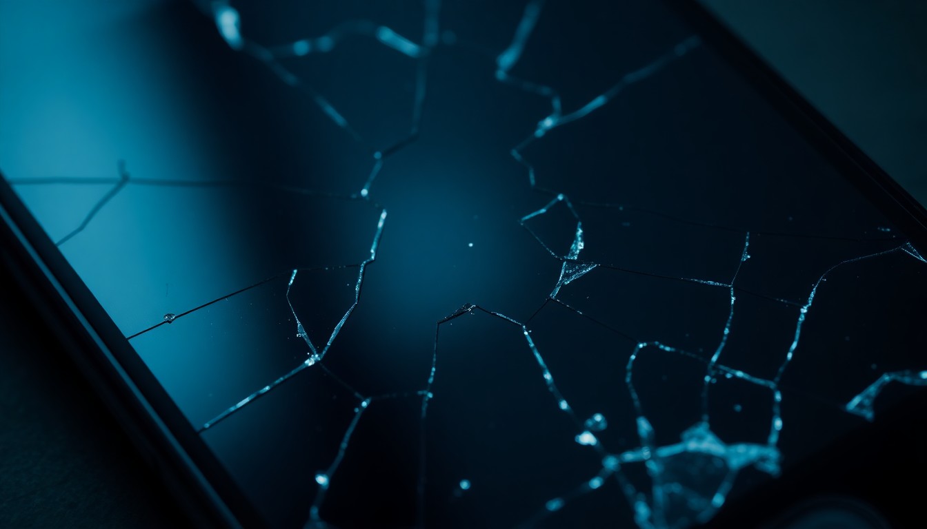 An extreme close-up photograph of a broken smartphone screen, the shattered glass reflecting a dim, flickering light, conceptually illustrating the devastating impact of online predation on vulnerable youth.