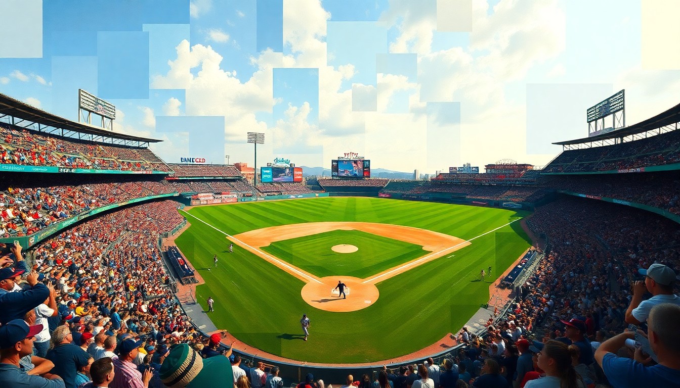 A cubist-style painting depicting a baseball game, with players, field, and crowd broken down into sharp, overlapping geometric shapes and planes of color, conveying the intensity and drama of the game's final moments.