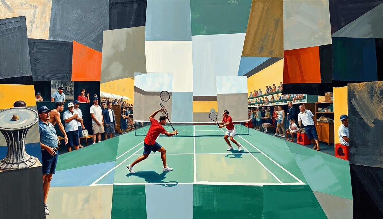 A cubist-style painting featuring overlapping geometric shapes and planes in shades of blue, green, and yellow, representing the dynamic action and competitive spirit of a men's college tennis match.
