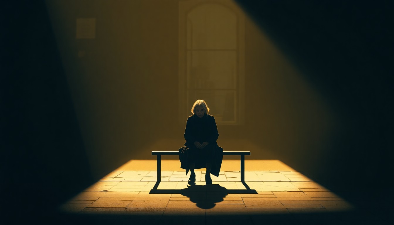 A cinematic painting of an elderly woman sitting alone on a bench in a dimly lit urban setting, the warm sunlight and deep shadows creating a melancholic mood.