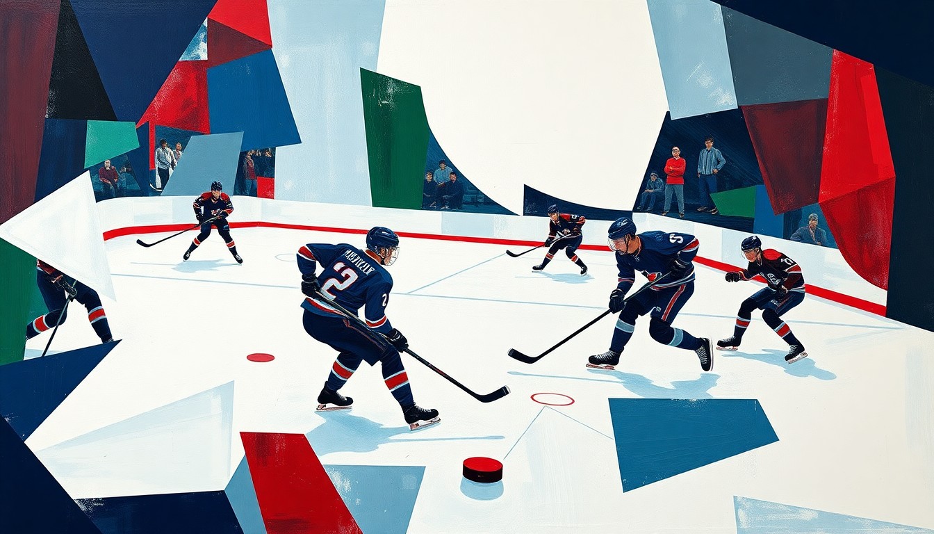 A cubist, geometric painting depicting a hockey game, with fragmented, angular shapes representing the players and the puck in a palette of navy, green, and red, capturing the dynamic action and energy of the sport.