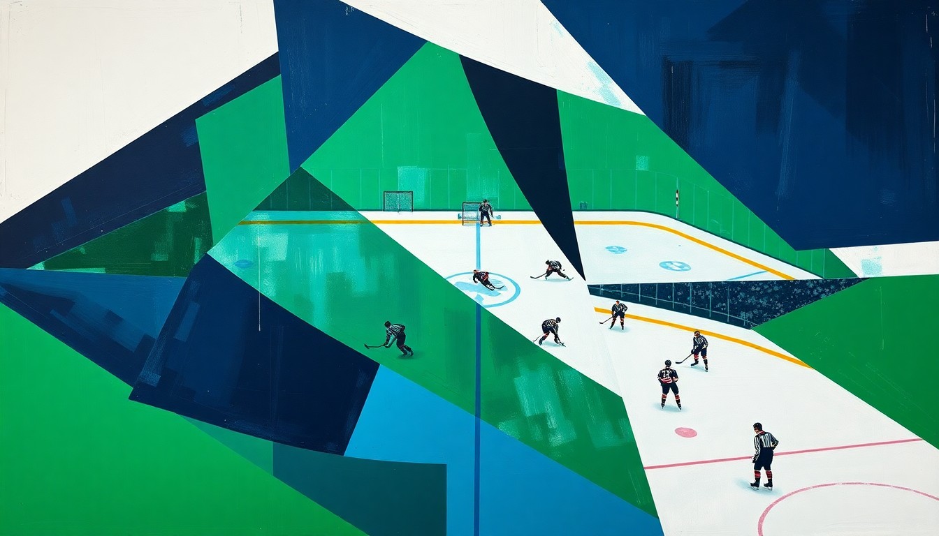 A cubist, geometric painting depicting a fragmented hockey game, with sharp planes of navy, green, and white representing the chaotic energy of the sport and the frustration of the coach.