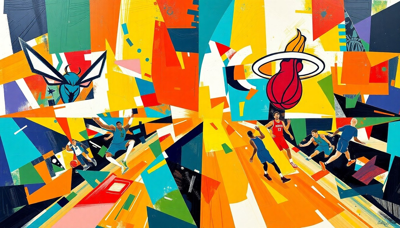 An abstract, cubist-style painting featuring overlapping geometric shapes and planes in the team colors of the Charlotte Hornets and Miami Heat, capturing the high-energy of a basketball game in a fragmented, deconstructed style.