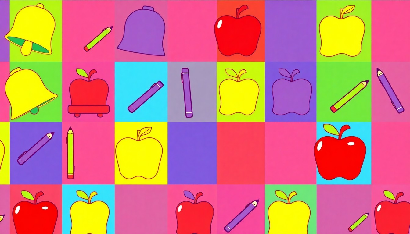 A bold, colorful silkscreen-style illustration featuring repeating icons representing education - a school bell, pencil, and apple - in a high-contrast, neon-tinged palette, conveying the energy and optimism around the new superintendent's appointment.