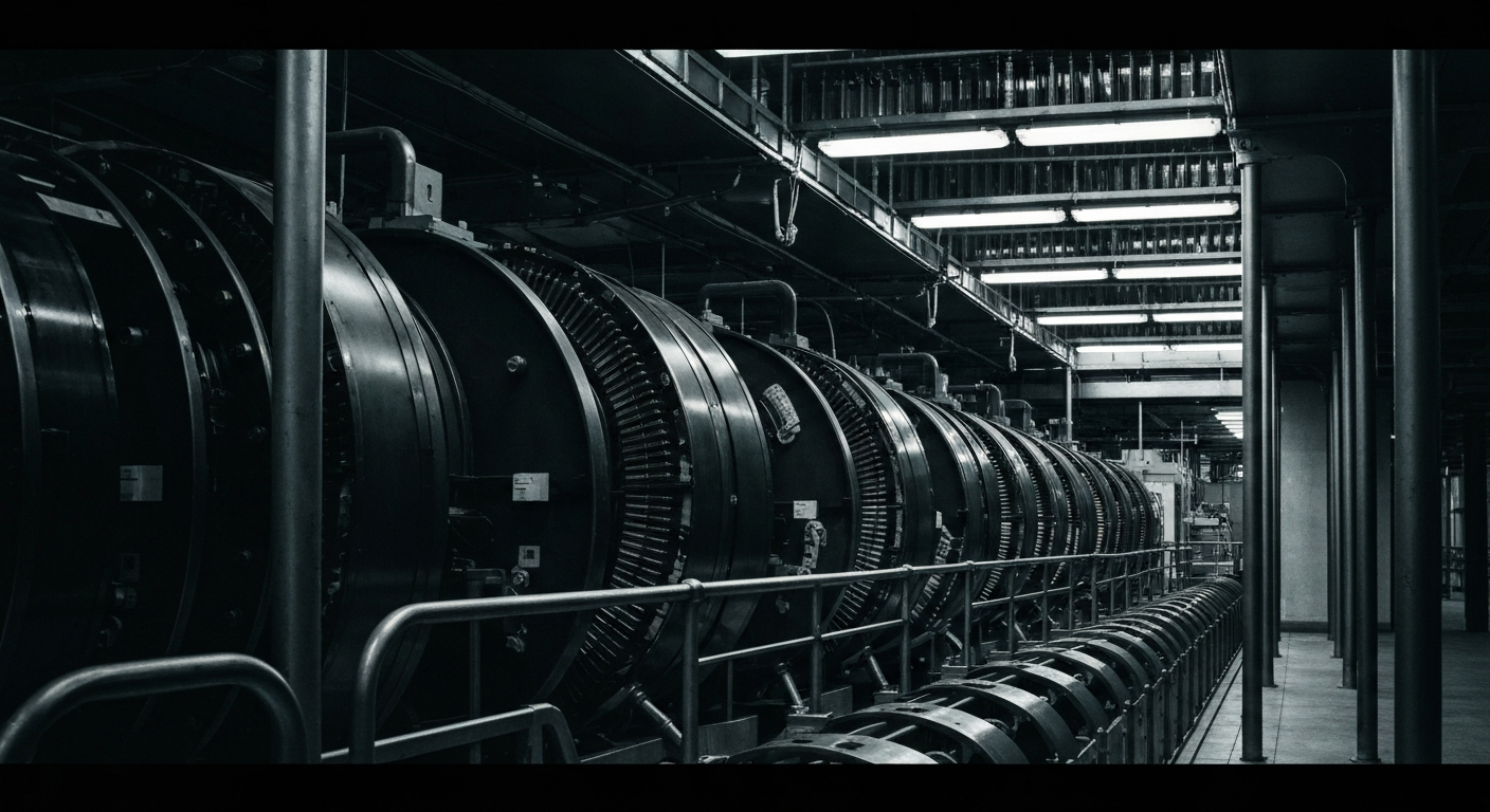 An extreme close-up of the gears, levers, and heavy metal components of an industrial banking machine, captured in dramatic black and white with deep shadows and highlights to convey a sense of the powerful, unseen forces that drive the financial system.