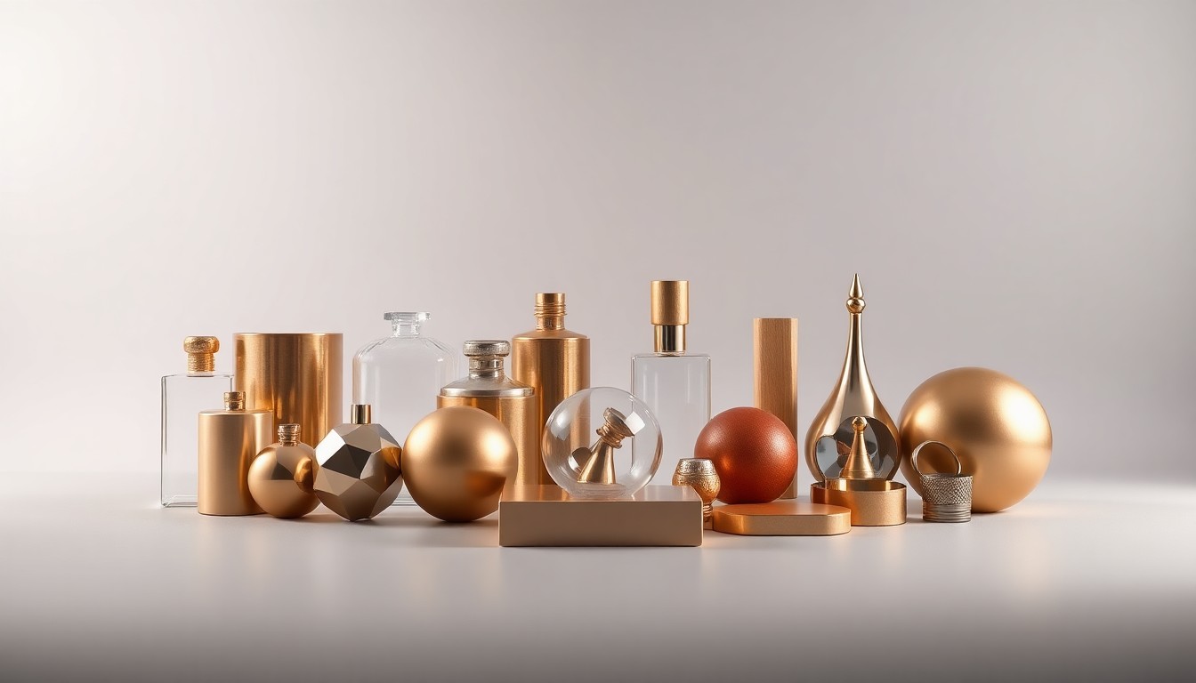 A high-end, photorealistic studio still-life photograph featuring a collection of polished, geometric objects in muted tones, representing the diverse range of businesses and organizations applying for the final round of CARA grants in downtown Albany.