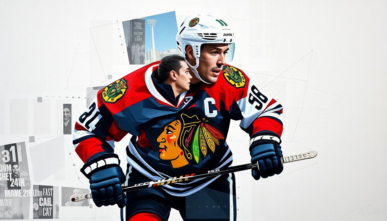 A cubist-style painting depicting a hockey player in action, with the player's jersey featuring the Blackhawks logo but their face and other identifying features abstracted into sharp, overlapping geometric shapes and planes.