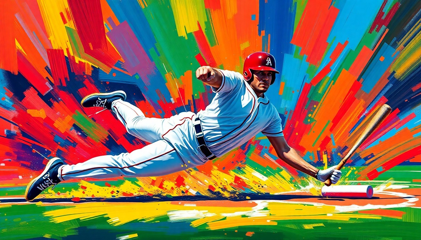 An abstract, energetic painting in neon colors depicting the motion of a baseball player sliding into home plate, conveying the raw athleticism and pioneering spirit of Jackie Robinson.