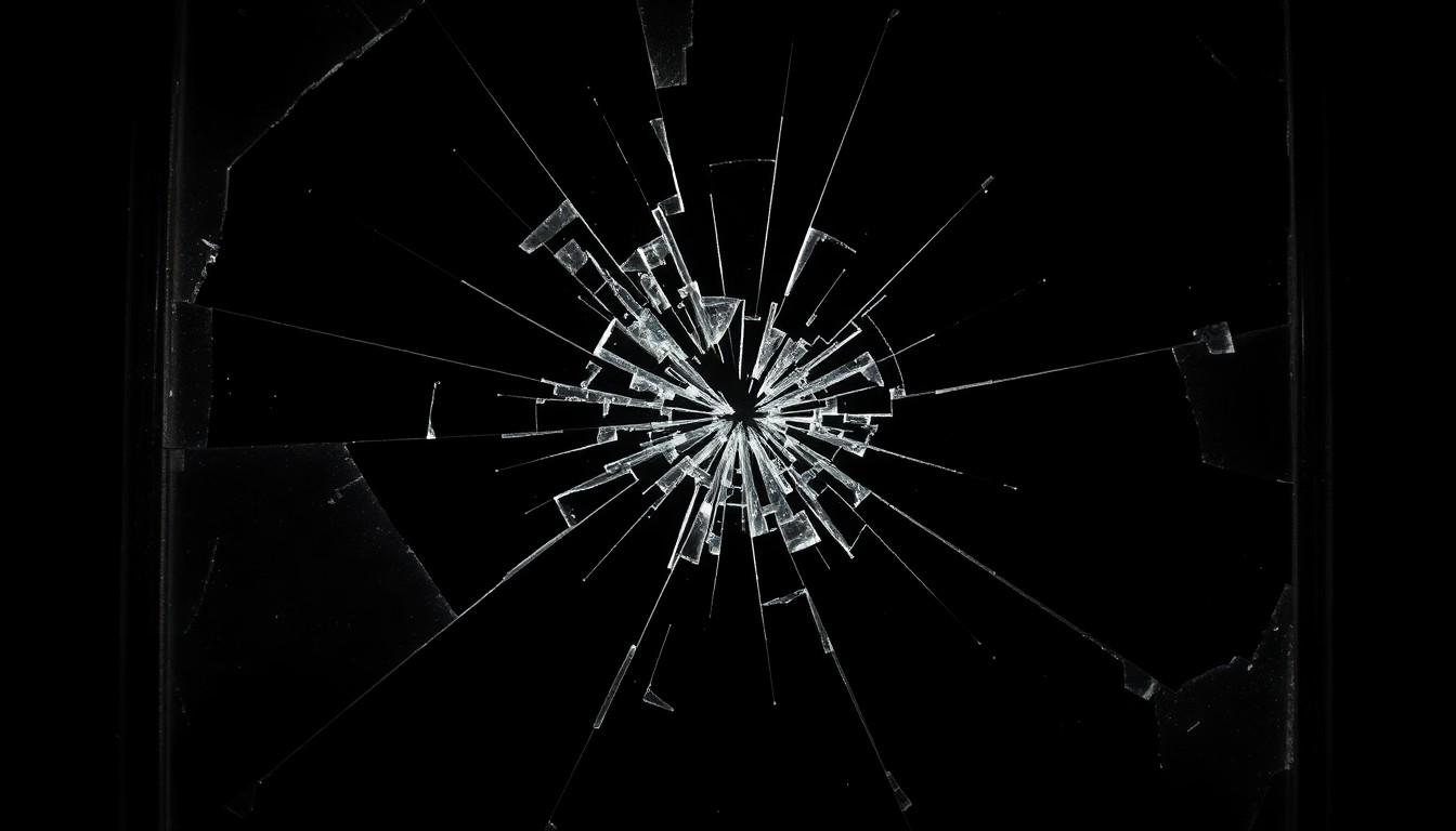 An extreme close-up photograph of a shattered glass window or door frame, capturing the harsh, gritty aftermath of a home break-in and conceptually illustrating the public safety concerns in the San Fernando Valley.