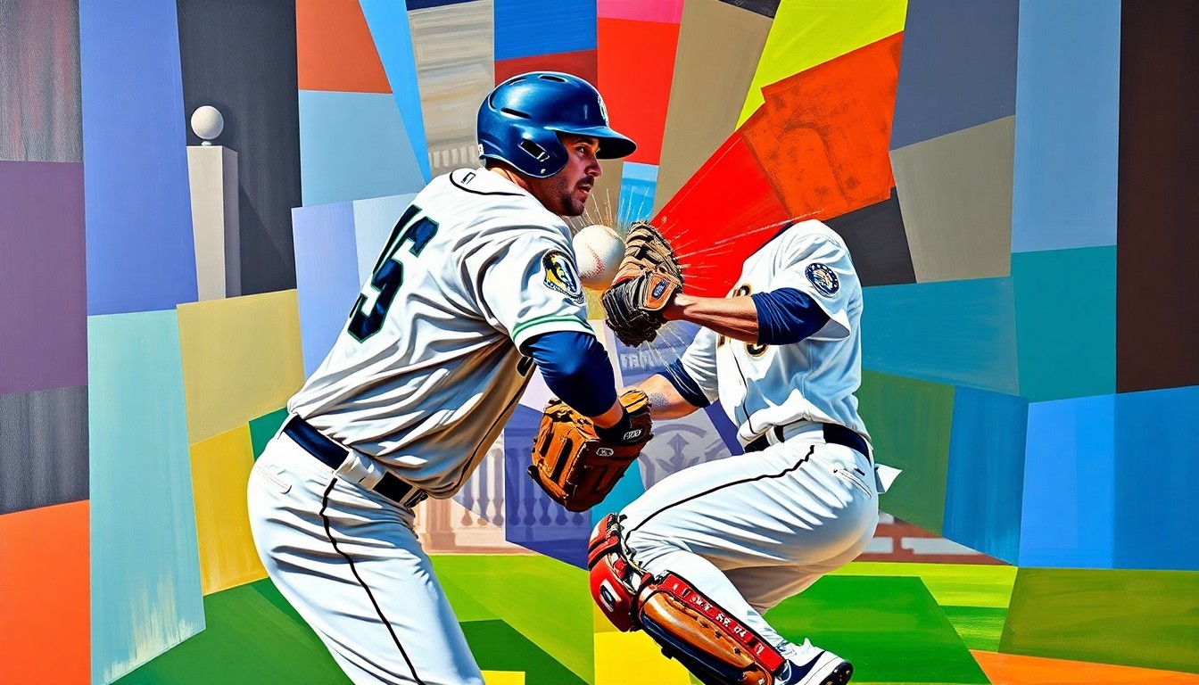 A fractured, cubist-style painting depicting a baseball catcher being struck by a foul ball, with the player's body and equipment broken down into overlapping geometric shapes and planes in vibrant colors.