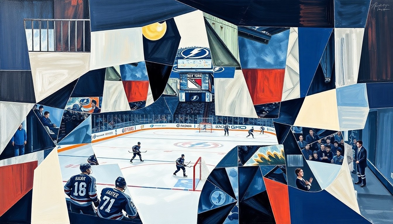 A cubist, geometric painting depicting a hockey game between the New York Rangers and Tampa Bay Lightning, with the players and action broken down into sharp, overlapping planes of color and shape.