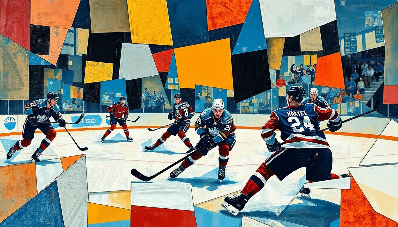 A cubist, geometric painting depicting the dynamic movements and energy of a hockey game, with players and the puck fragmented into sharp, overlapping planes of color.
