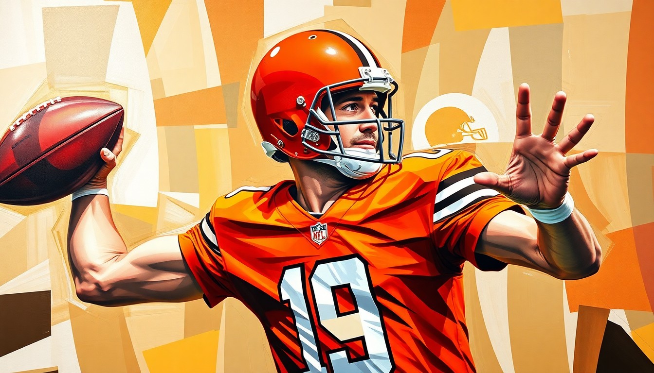 A fragmented, geometric painting depicting a quarterback in motion, with sharp planes of orange and brown representing the Cleveland Browns' uniform colors.