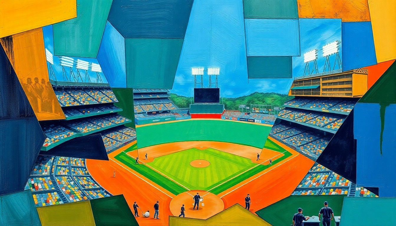 A fragmented, geometric painting depicting a baseball game broken down into overlapping planes of deep blue, forest green, and burnt orange, capturing the dynamic energy of the Brewers' comeback win.