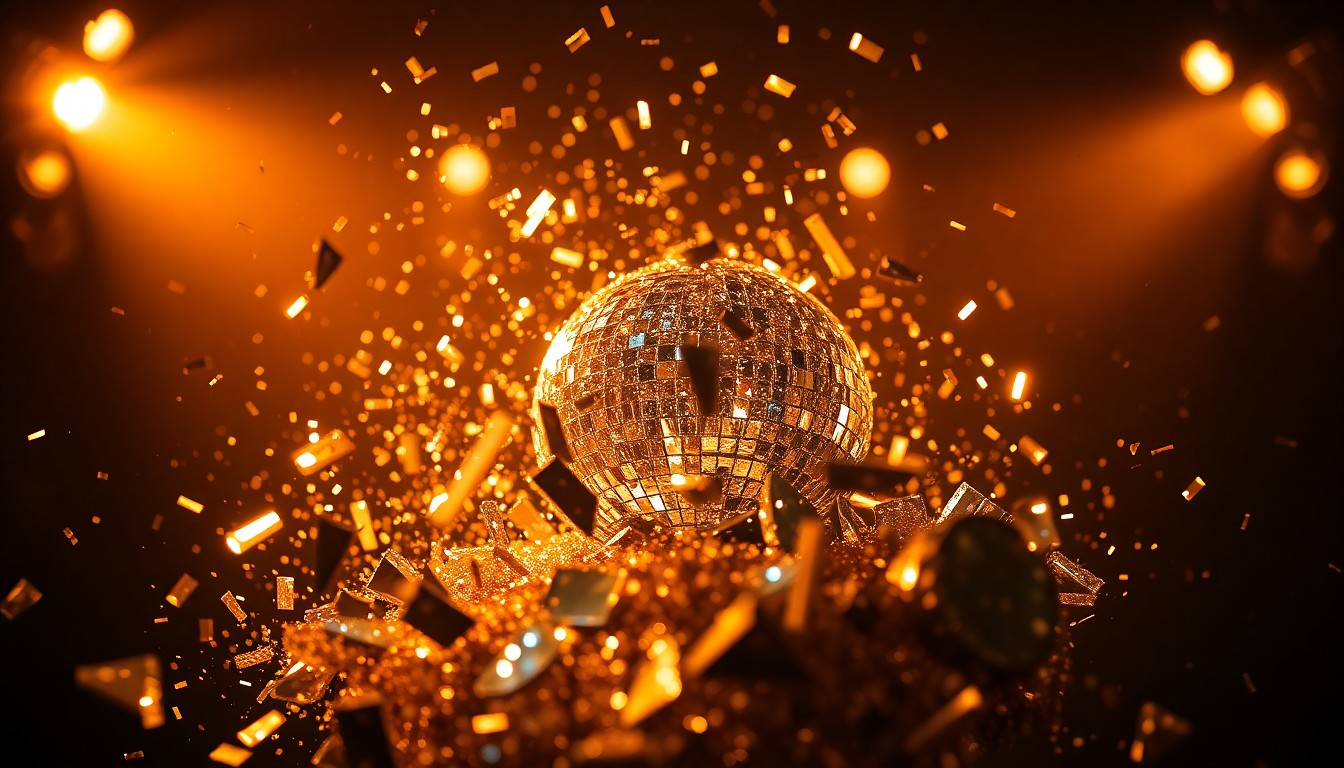 An abstract close-up image featuring shards of a shattered disco ball reflecting dramatic, high-contrast studio lighting, conceptually representing the energy and glamour of electronic music festivals.