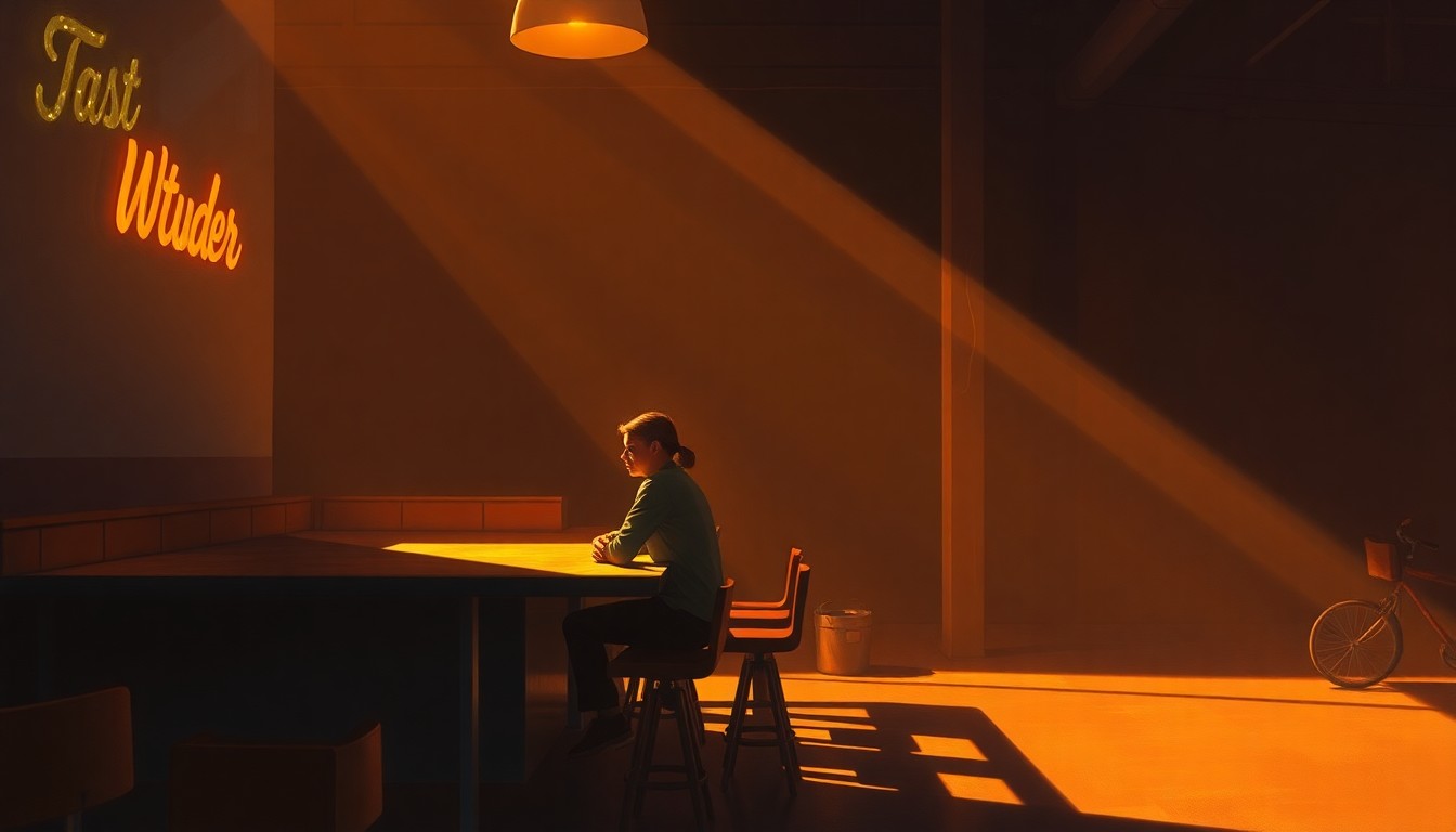 A close-up painting of a person sitting alone at a diner counter, the scene bathed in warm, diagonal sunlight and deep shadows, conveying a sense of quiet contemplation about the economic challenges facing the local community.