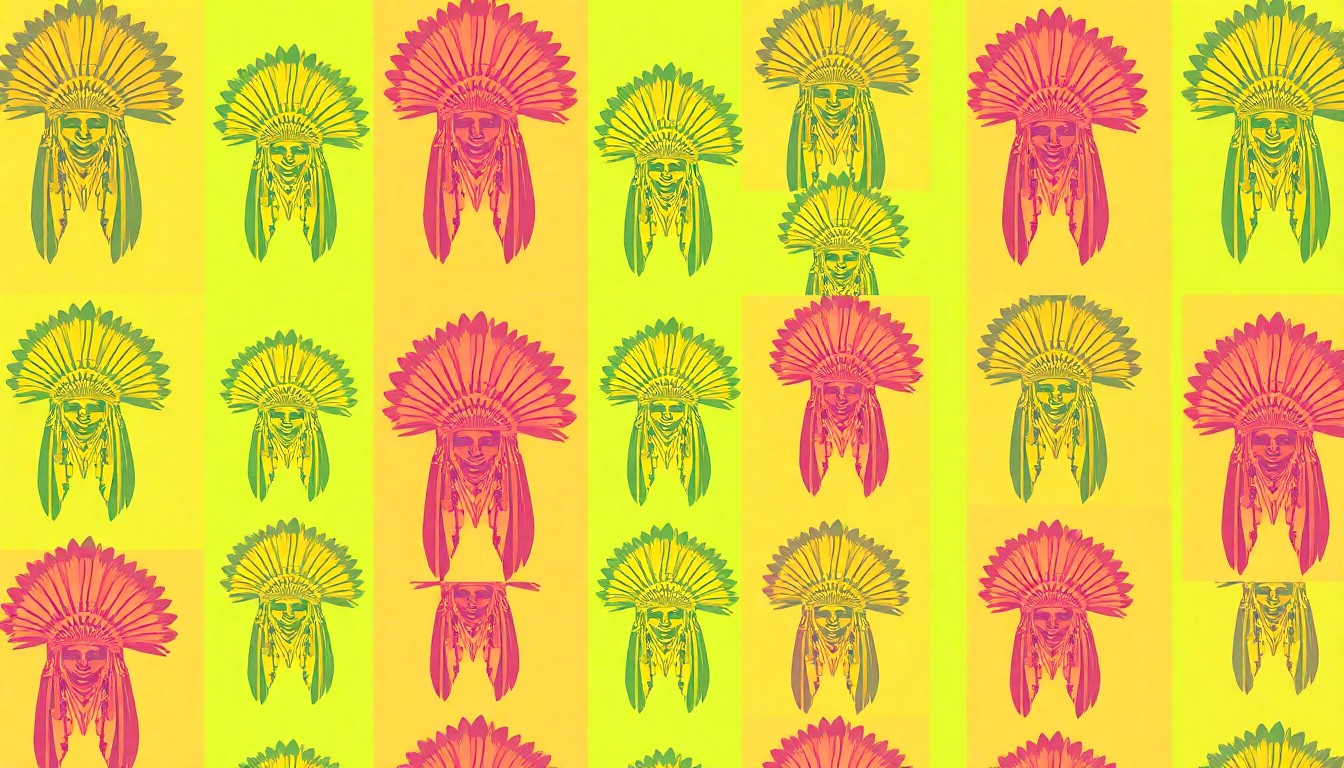 A high-contrast silkscreen print in neon colors depicting a grid of stylized hand drums, each with a heavy black outline, representing the rhythmic heartbeat of the powwow celebration.