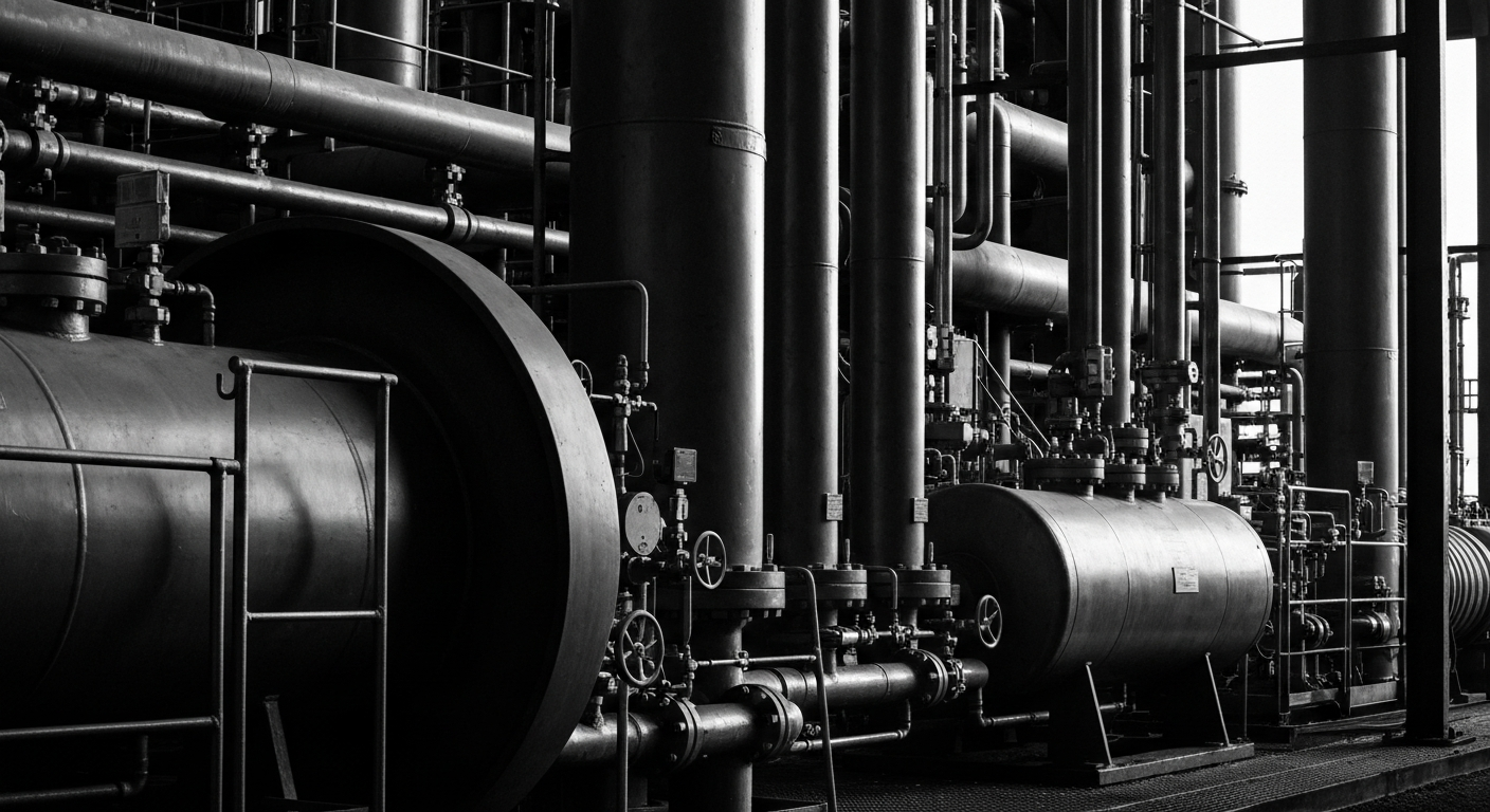 A high-contrast, black-and-white close-up image of the heavy, industrial machinery and equipment used in the production and distribution of industrial gases, conveying the physical scale and technical complexity of Air Products and Chemicals' operations.