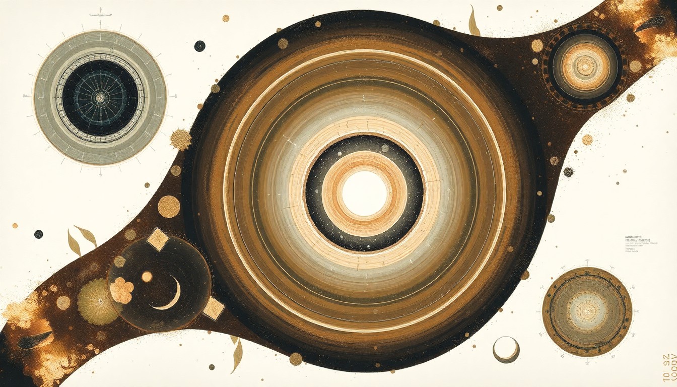 A highly structured abstract painting in soft, earthy tones of brown, green, and blue, featuring sweeping geometric arcs, concentric circles, and precise botanical spirals, conceptually representing the complex forces of dark matter decay and its effects on early galaxy formation.