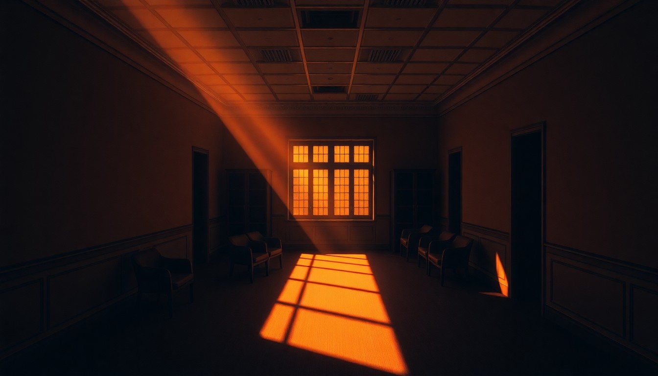 A dimly lit, cinematic painting of an empty government office or bureaucratic space, with warm sunlight streaming in through a window and casting deep shadows across the room, conveying a sense of isolation and the oppressive nature of authoritarian power.