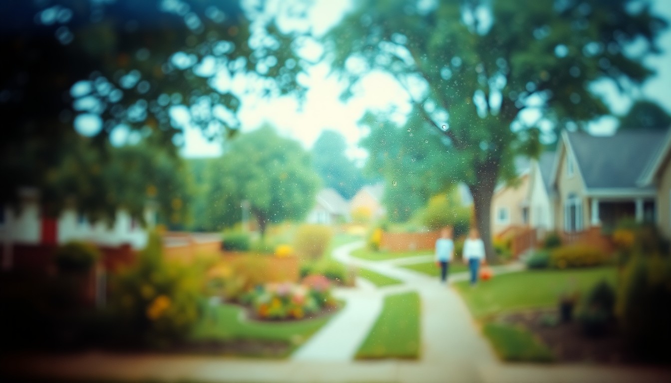 An abstract, out-of-focus photograph in warm tones depicting the soft, blurred outlines of people tending to their yards and gardens in a suburban neighborhood, conveying a sense of community-driven environmental stewardship.
