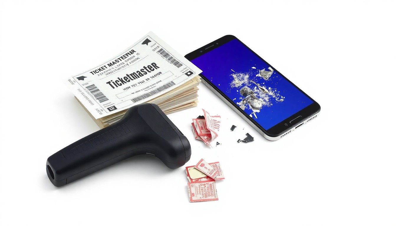 A minimalist studio still life featuring a stack of crumpled concert tickets, a broken ticket scanner, and a shattered smartphone screen on a clean white background, symbolizing the financial and strategic impact of the Ticketmaster-Live Nation monopoly verdict.