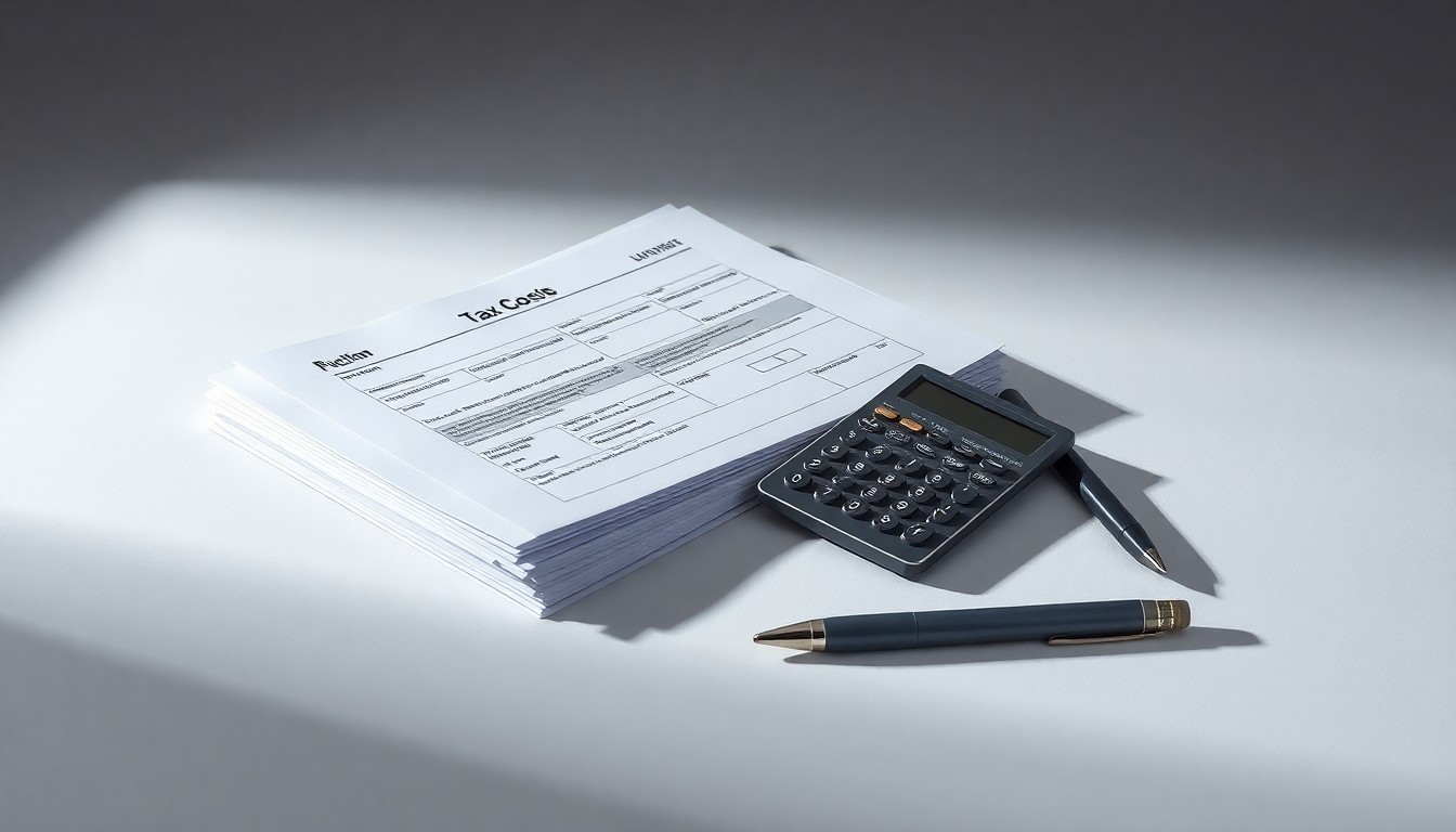 A photorealistic studio still life featuring a stack of tax forms, a calculator, and a pen arranged on a clean, monochromatic background, conceptually representing the abstract themes of corporate finance and tax policy.