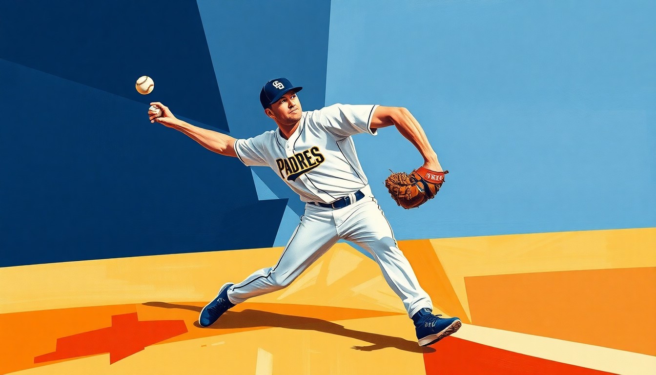 A fragmented, geometric painting depicting a baseball pitcher's throwing motion, with sharp planes of navy blue, sand, and orange representing the San Diego Padres' team colors.