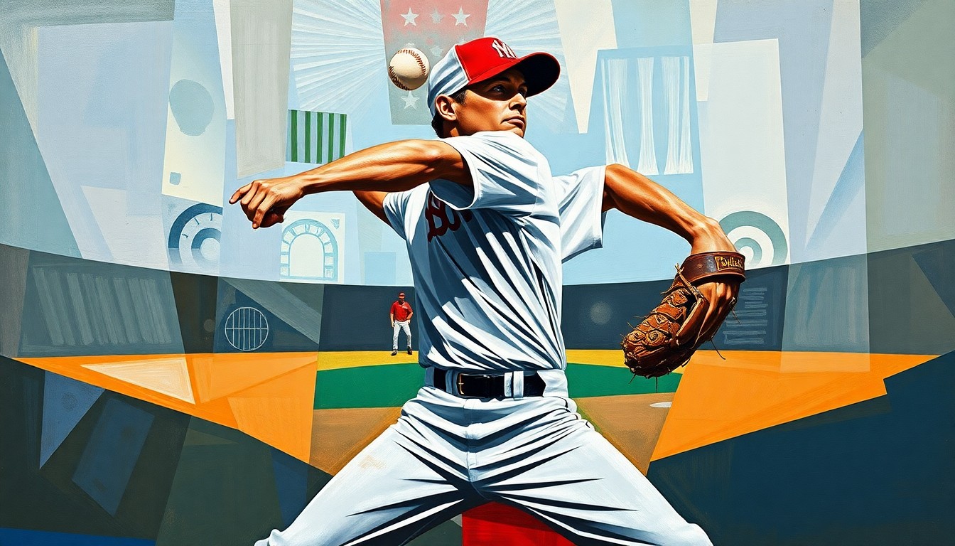 A cubist, geometric painting depicting a baseball pitcher's motion broken down into overlapping angular shapes and planes, capturing the raw energy and movement of the sport.