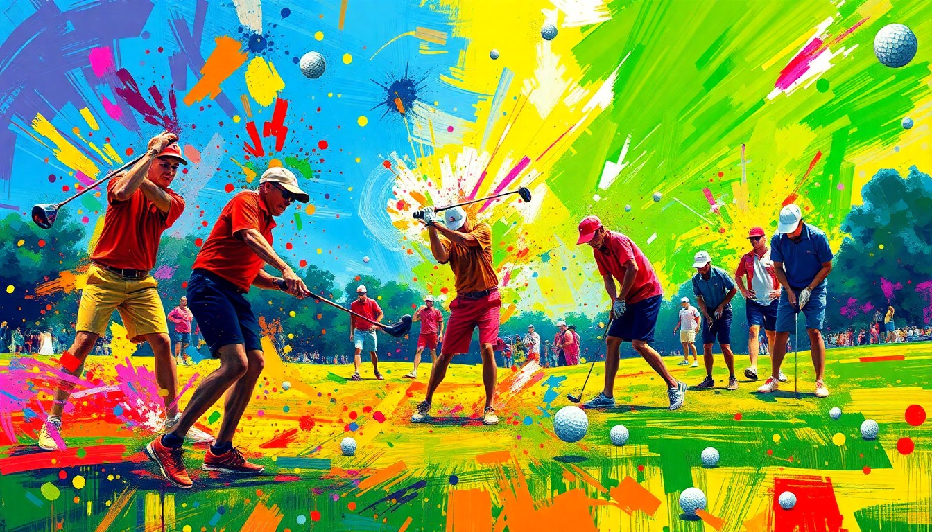 A vibrant, expressionist painting in neon colors depicting the dynamic motion and energy of a high school golf match, with golfers and golf balls dissolving into unrecognizable splatters of color.
