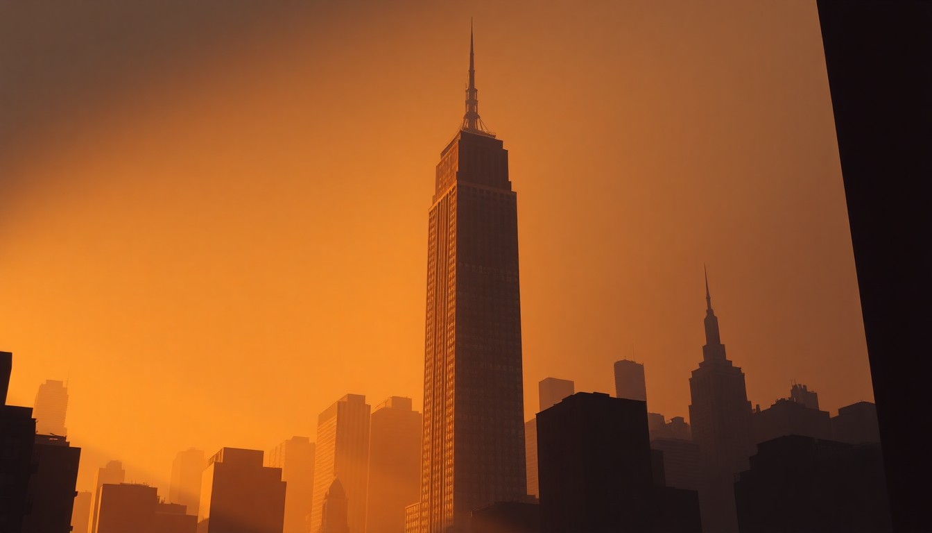 A photorealistic painting of a solitary New York City skyscraper in warm, golden light, with deep shadows across the facade, conveying a sense of urban isolation and economic inequality.