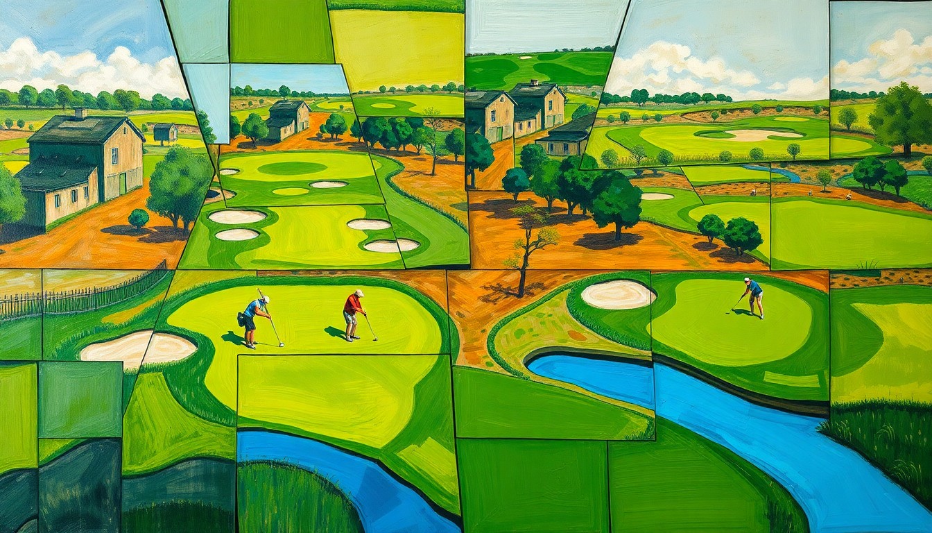 A cubist, fragmented painting depicting a golf course with sharp, overlapping geometric shapes in shades of green, brown, and blue, capturing the complex layout and playing experience of the renovated Royce Brook Golf Club.
