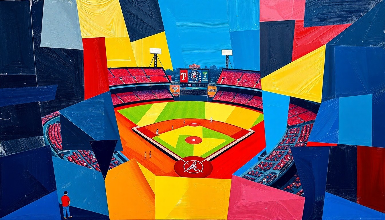 A cubist-style painting featuring overlapping geometric shapes and planes in navy, red, and yellow, conveying the dynamic action and emotion of a baseball game.
