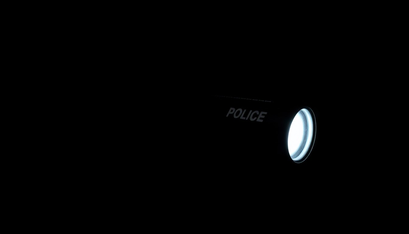 An extreme close-up of a Taser device against a pitch-black background, lit by a harsh, direct camera flash to create a stark, gritty, investigative aesthetic.