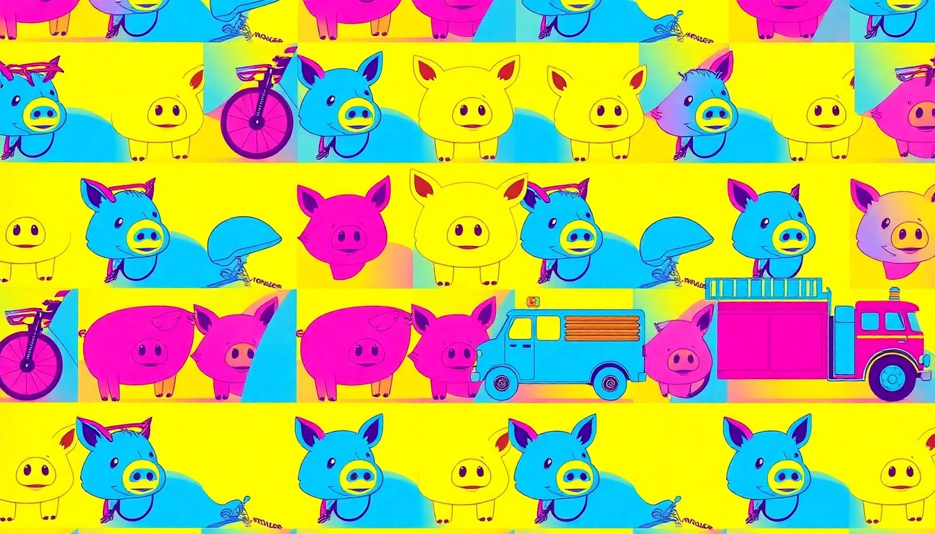 A bold, pop art-inspired illustration featuring a repeating grid of brightly colored bicycle helmets, pigs, and fire trucks, capturing the energetic spirit of the Wheels and Squeals community event.