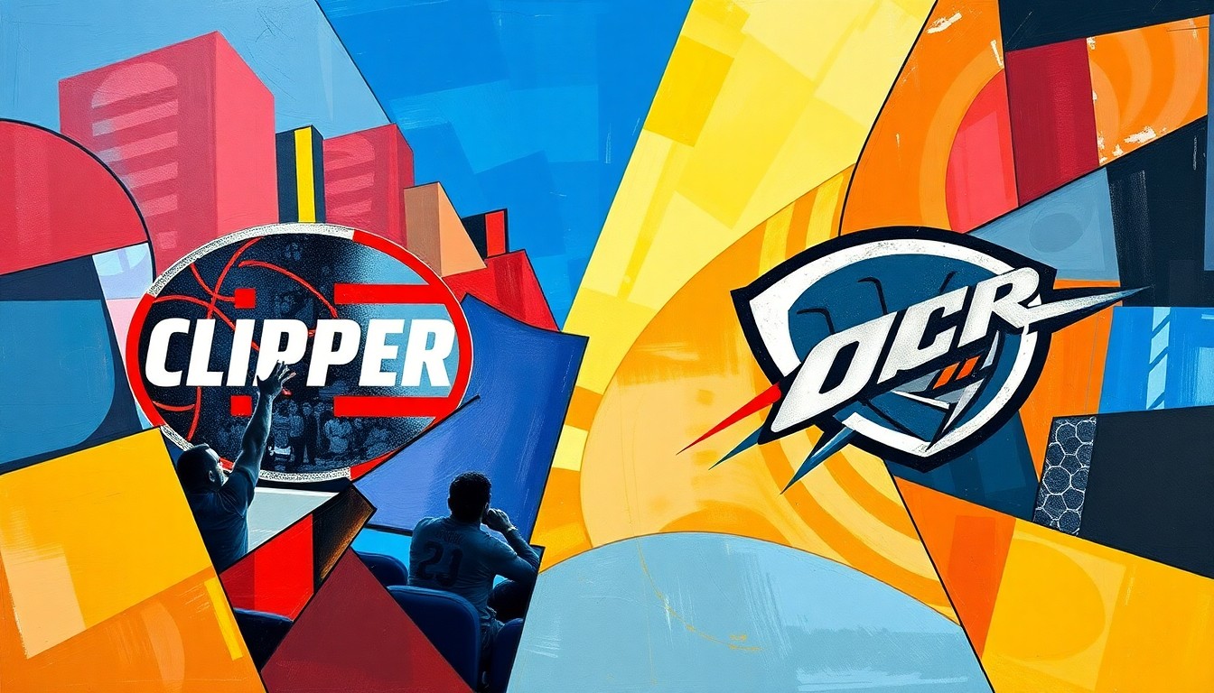 A cubist, geometric painting depicting a fragmented basketball game, with sharp overlapping planes in the team colors of the Clippers and Thunder, conveying the high-stakes drama and long-term implications of the Clippers' loss.